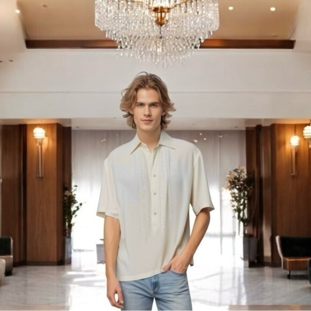 Burda Men's Off White Ivory Embroidered Front Tee XL Short Sleeve Vintage NWOT